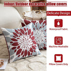 Qahing Pack of 4 Outdoor Waterproof Pillow Covers 24x24 Decorative Outdoor Throw Pillows Garden Square Cushion Cases for Patio Furniture, Couch, Tent Sunbrella, Bench, Burgundy Red Grey