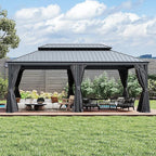 Domi 14x24FT Outdoor Gazebo, Hardtop Gazebo with Galvanized Steel Double Roof, Metal Gazebos with Drainage System Patio Pergola for Patio Deck Backyard,Curtain and Netting,Gray
