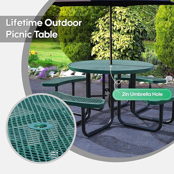 8-Person Picnic Tables for Outdoors, Industrial 46" Expanded Metal Round Picnic Table with 4 Benches & Umbrella Hole, Outside Table and Bench Set for Park, Garden, Backyard, Patio, Green