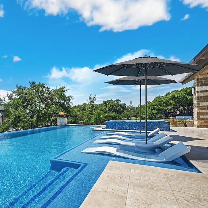 Midtown Umbrellas Push Pop Sunbrella Umbrella 8 Feet Outdoor Umbrella in Cast Slate Acrylic Fabric - Patio, Backyard, Garden, Picnic Table & Pool - Black Pole
