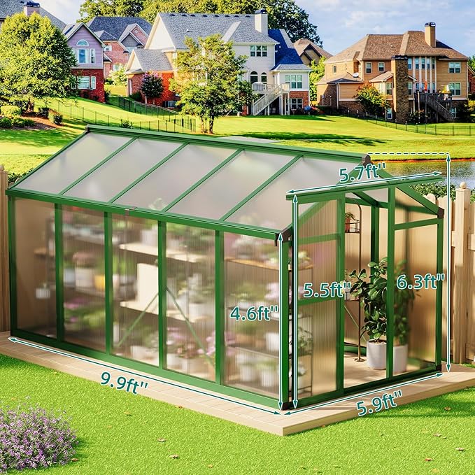 6 x 10 FT Greenhouse, Heavy-Duty Polycarbonate Large Walk-in Greenhouse Roof Vent ,Aluminum Frame & Lockable Door, for Backyard, Green Houses for Outside Garden Backyard