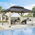 11'x13' Wood Gazebo,Outdoor Hardtop Gazebo with Galvanized Steel Doule Roof, Wooden Frame Gazebos for Patio Backyard Deck