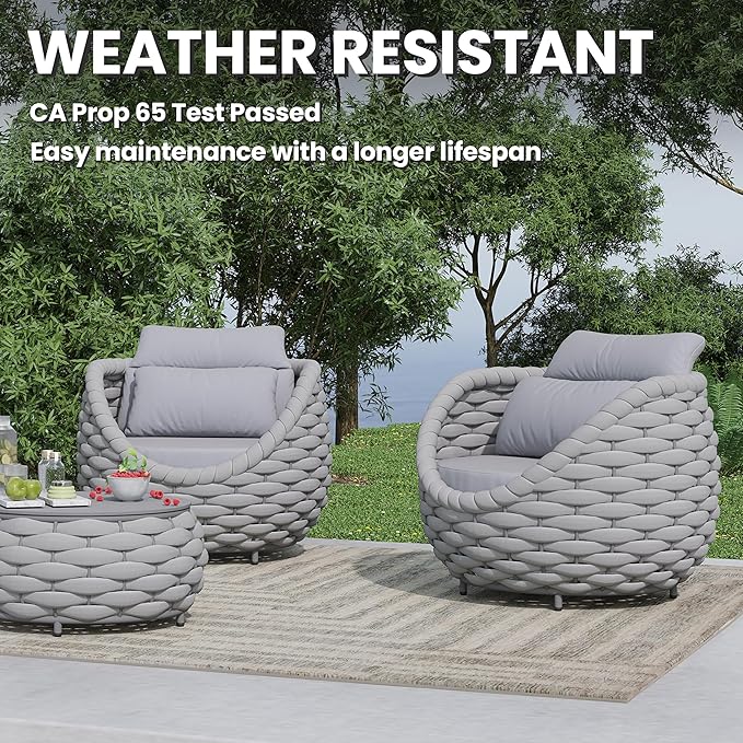 Patio Deck Accent Chair: Large Woven Rope Chair Cushioned - Aluminum Modern Single Lounge Armchair Assembled - All Weather Outdoor Seating for 400lbs Lanai Balcony Porch Yard Garden Hotel, Gray