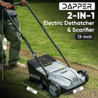 13-Inch 2-in-1 Electric Dethatcher and Scarifier Lawn Dethatcher with 8-Gallon Removable Thatch Collection Bag, 4-Position Depth Adjustment, 12 Amp, Quick-Fold, Keeps Lawn Healthy