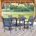 7 Pieces Round Dining Table Set for 6, Patio Dining Set Includes 6 Blue Stackable Patio Chairs and 1 Black Round Table Set of 6, Patio Furniture Sets with Sling Support for Outside, Garden