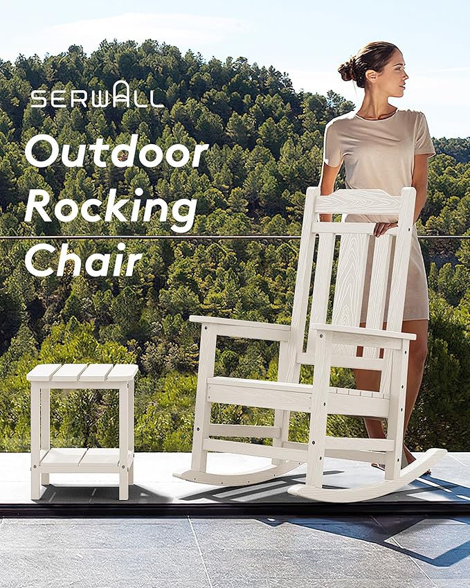 SERWALL Outdoor Rocking Chair Set of 6, Patio Rocking Chair Sets, HDPE Rocking Chair for Adults, White