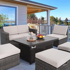 HAPPATIO Propane Fire Pit Table - 48 inch 50,000 BTU Aluminum Outdoor Patio Fire Pit,Wicker & Aluminum Rectangular Propane Gas Fire Pit, Clear Glass Rock and Tabletop Lid, Black PE Rattan(Brown)