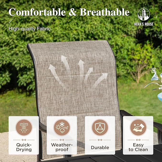 HERA'S HOUSE Outdoor Patio Dining Set of 5, 5 Piece Outdoor Table and Chairs Set of 1 Round Patio Table and 4 Quick Dry Textilene Swivel High Back Rocking Chairs for Lawn, Park, and Garden