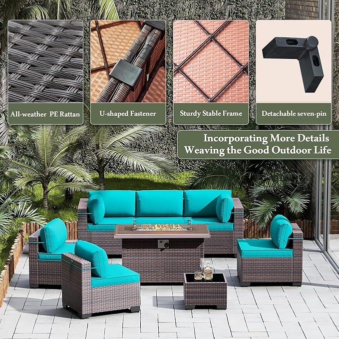 Outdoor Patio Furniture Set with Propane Fire Pit Table, 15 Pieces Outdoor Furniture Patio Sectional Sofa Conversation Sets w/ETL Approved Gas Outdoor Fire Table & Coffee Table(Blue)