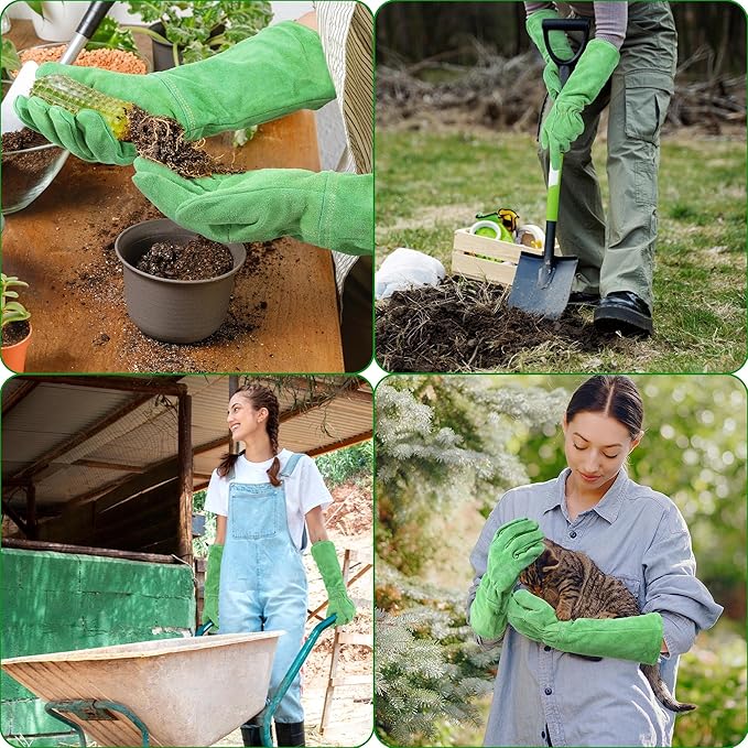 HANDLANDY Leather Gardening Gloves, Thorn Proof Long Gauntlet Heavy Duty Garden Gloves, Elbow Length Rose Pruning Weeding Yard Glove (Medium, Green)