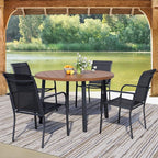 5 Pieces Round Dining Table Set for 4, Patio Dining Set Includes 4 Black Stackable Patio Chairs and 1 Walnut Round Table, Patio Furniture Sets with Sling Support for Outside, Garden