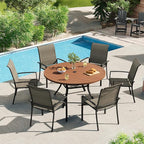 VICLLAX Round Patio Dining Table, 4-6 Person Metal Outdoor Dining Table with Umbrella Hole for Garden Lawn Deck, 47.2" Walnut