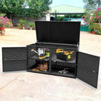 Tangkula Outdoor Wicker Storage Box, Garden Deck Bin with Steel Frame, Rattan Storage Box with Lid, Ideal for Storing Tools, Accessories, 88 Gallon Capacity (Black)