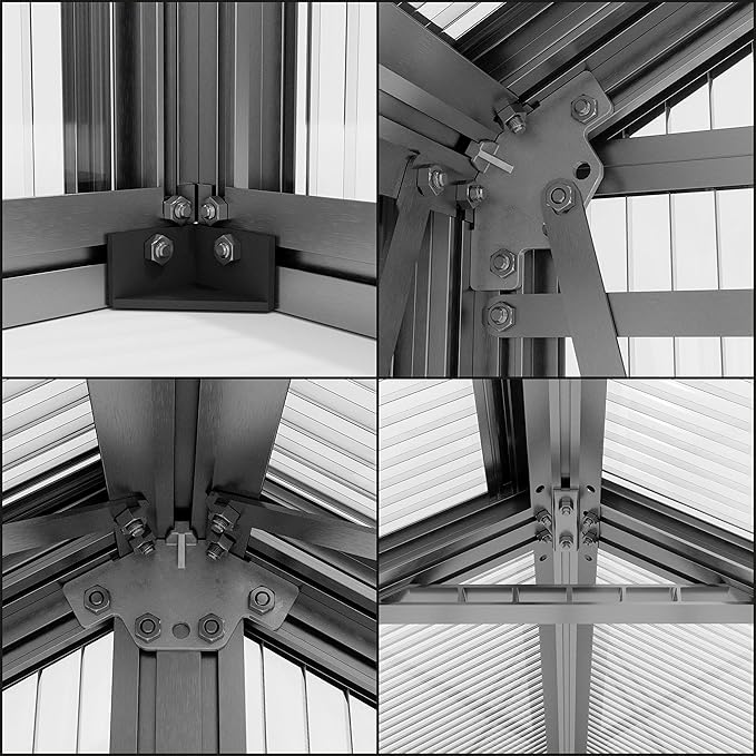 Greenhouse Saphir 4 Aluminum Frame 8.5 x 8.5 ft Approx. 6 mm Polycarbonate Panels - with Bonus Base Frame and Automatic Vent Opener