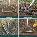 Berry&Bird 14 Tines Bow Rake for Gardening, 63-inch Garden Rakes Heavy Duty with Wooden Long Handle Stainless Steel Hard Rake for Lawn Loosening Soil, Weeding, Cleaning Leaves & Grass Cultivator Tool