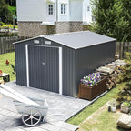 9x11 FT Outdoor Metal Storage Shed with Lockable Door, Steel Garden Utility Shed with Vents, Backyard Patio Tool Shed for Lawn Equipment, Bike, Firewood and Mower Storage, Gray