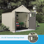 Suncast 8x10 Ft. Outdoor Storage Shed - Large Resin Outdoor Shed with Floor Included, Lockable Double Doors & Skylights. 547 Cu Ft Tremont Garden Plastic Sheds for Lawn Tools, Riding Mowers, & Bikes