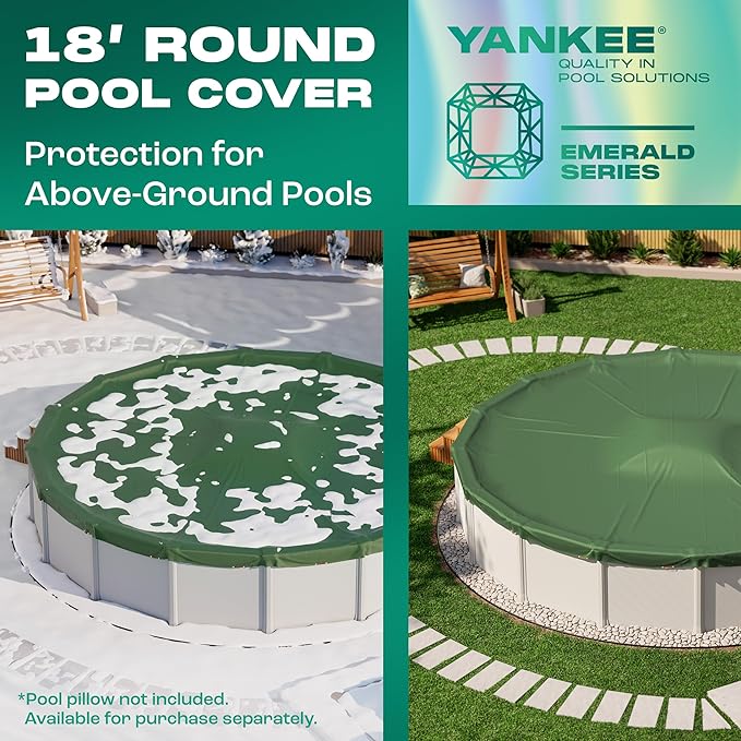 Yankee Emerald Series Pool Covers for Above Ground Pools | Round 18 ft Swimming Pool Cover w/Steel-Core Cable, Winch for Winterization | 9 mil Medium-Thickness for Off-Season, On-Season Protection