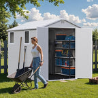 Greesum 6x8FT Plastic Outdoor Storage Shed with Floor, Resin Sheds with Lockable Double Door, Windows & Vents, All-Weather Tool Sheds for Garden, Backyard, Patio, Light Gray