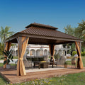 12' X 16' Hardtop Gazebo, Outdoor Galvanized Steel Double Roof Permanent Aluminum Frame Pavilion Pergola Canopy with Privacy Curtains for Garden, Patio, Backyard, Deck and Lawns.