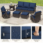 6 Piece Patio Furniture Set, Wicker Patio Conversation Set with Swivel Glider Chair and Outdoor 3-Seater Sofa and 2 Ottomans and Side Table for Deck Yard and Poolside