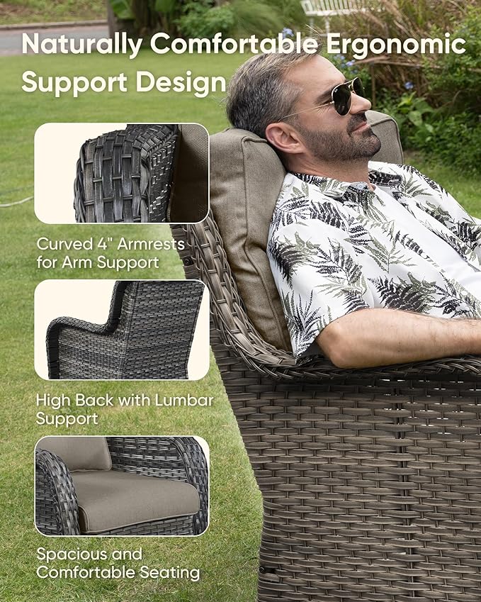 HUMMUH 3-Piece Swivel Rocking Rattan Chair Outdoor, Patio Bistro Furniture Conversation Set with Cover, Cushioned Wicker Chair with Glass Coffee Table(Grey, Grey)