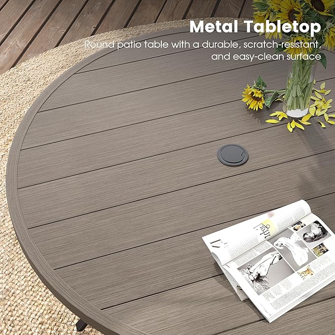 DIFY 9 Pieces Outdoor Patio Dining Set, 8 Sandshell Textilene Swivel Dining Chairs and 60" Grey Wood-Like Round Metal Dining Table, Outdoor Table and Chairs