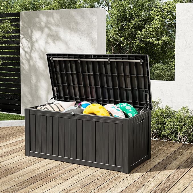 Outdoor Storage Box, Resin Deck Boxes Indoor and outdoor, Waterproof Storage Box Lockable Lid (Black, 120 Gallon)