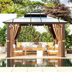 Aoxun 10'x12' Hardtop Gazebo, Aluminum Frame Permanent Pavilion with Curtains and Netting, Outdoor Polycarbonate Double Roof Canopy with String Lights, for Garden, Lawns, Patio, Brown