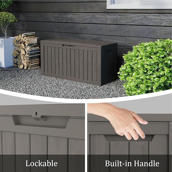 TARKARI 90 Gallon Lockable Resin Deck Box with Wheels, Waterproof & UV-Resistant Outdoor Storage Box for Outdoor Cushion Storage, Garden Tools & Pool Accessories Storage, Gray