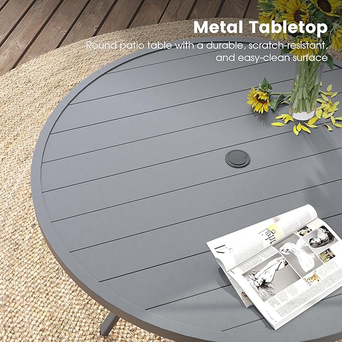DIFY Patio Round Dining Table, 53" All Weather Round Outdoor Table with 1.57" Umbrella Hole for 8 Person, Perfect for Yard, Balcony and Lawn, Grey