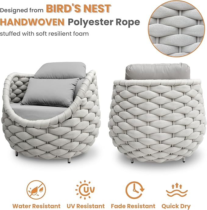 Patio Accent Chairs: Aluminum Porch Lounge Chair with Arms - Woven Rope Cushioned Armchair - Modern One Seater Chair - Outdoor Deck Furniture for 400lbs Balcony Lanai Poolside Garden Hotel, Gray