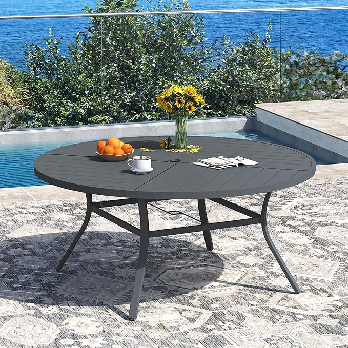 DIFY 59.8" Round Outdoor Patio Dining Table for 8-10, All-Weather Metal Steel Slatted Patio Table with 1.57" Adjustable Umbrella Hole, for Lawn Garden Porch Backyard, Grey