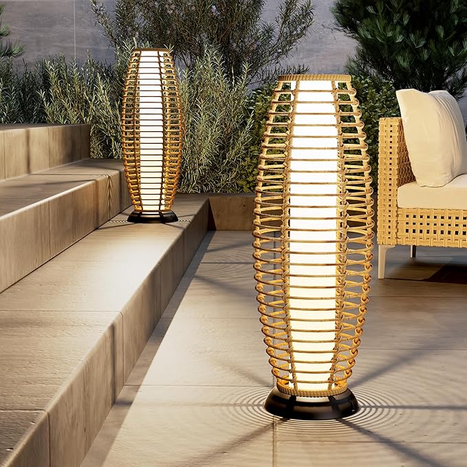 Solar Yard Outdoor Floor Lamp 2-Pack Solar Lights Solar Powered Lantern Weather-Resistant Wicker Deck Lights, Lamp Large for Patio Garden (Austin Natural Brown, 2PCS)