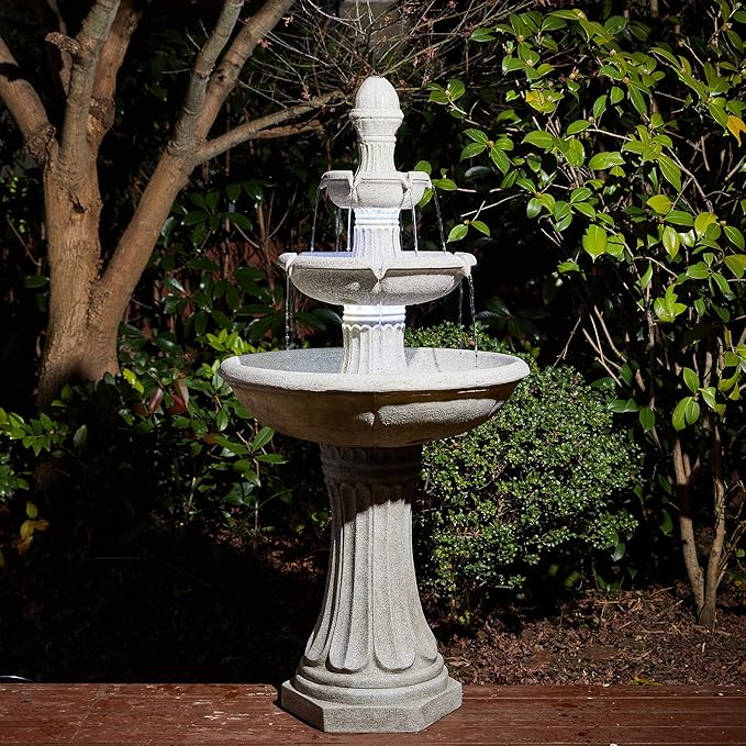 Glitzhome Outdoor Fountains and Waterfalls 3 Tier Patio Fountain with Pump & LED Light, Resin Terrazzo Water Fountains Oversized Outdoor Floor Stand Fountain for Garden Backyard Yard Lawn Sand Beige