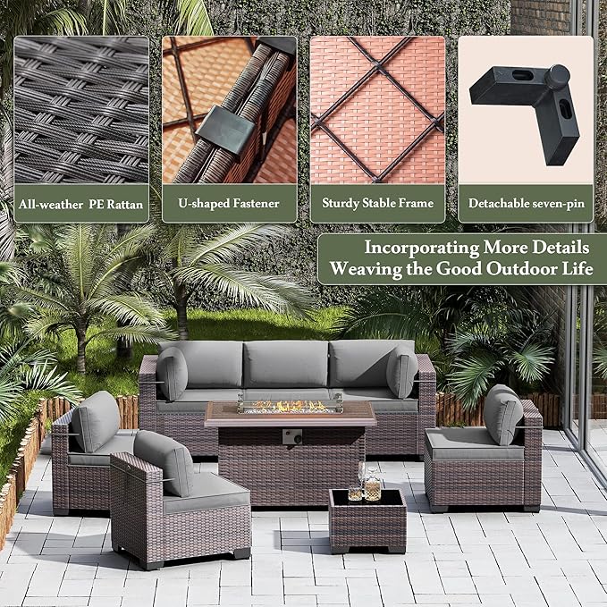 13 Pieces Outdoor Patio Furniture Set with Propane Fire Pit Table Outdoor Furniture Patio Sectional Sofa Conversation Sets w/ETL Approved 43" Gas Outdoor Fire Table & Coffee Table (Grey)
