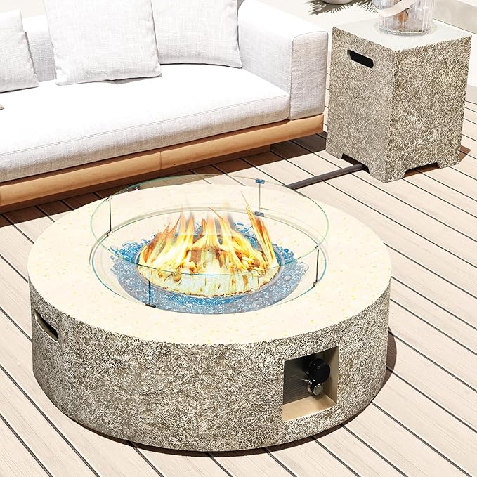 UPHA 42-inch Outdoor Propane Gas Fire Pit Table 50000 BTU Concrete Rectangle FirePit for Outside Patio with Propane Tank Cover, Wind Guad, Blue Glass Rocks, Rain Cover, Beige Texture
