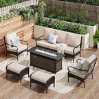 Patio Furniture Set with 56" Fire Pit Table, Premium Outdoor Wicker Metal Frame Furniture with Upgraded Waterproof Thick Cushions for Porch, Poolside, Deck, and Yard （8 Pieces,Beige）