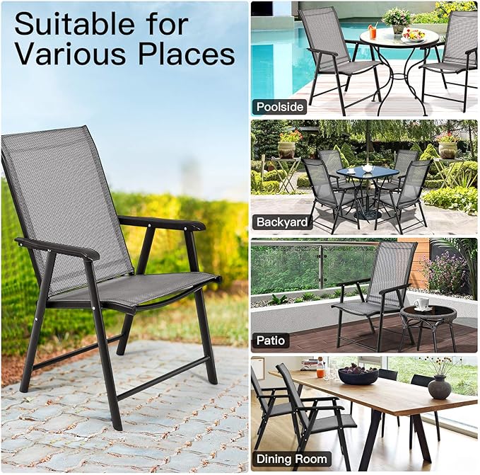S AFSTAR Folding Patio Chairs Set of 6, Metal Textilene Patio Dining Chairs with Armrests, Foldable Sling Chairs Outdoor Lawn Chair for Garden Backyard Porch Deck, 330LBS Load (Gray)