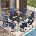 VICLLAX Patio Dining Set for 8, 9 Pieces Outdoor Furniture Includes 60" Round Patio Table with Umbrella Hole and 8 Outdoor Swivel Chairs for Lawn Garden, Black Tabletop and Blue Fabric
