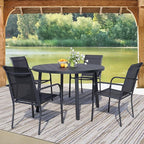 5 Pieces Round Dining Table Set for 4, Patio Dining Set Includes 4 Black Stackable Patio Chairs and 1 Black Round Table, Patio Furniture Sets with Sling Support for Outside, Garden