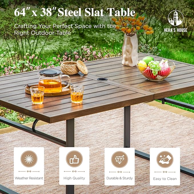 HERA'S HOUSE 7-Piece Outdoor Dining Set for 6, 64" Weather-Resistant Metal Patio Table with 6 Foldable Black Chairs, Perfect for Garden, Backyard, Porch & Lawn (Space-Saving Design)
