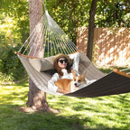 Double Hammock, 11 FT Quilted Fabric 2 Person Hammock for Outside with Pillow, Folding Curved Spreader Bar, Chains, Carrying Bag, Indoor Outdoor, 450 IB Capacity, BlanchedAlmond