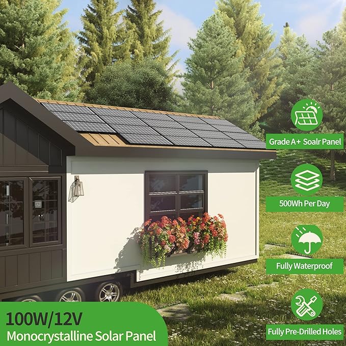 JJN 200 Watt Solar Panels, 10BB Monocrystalline 12V 2PCS 100W Solar Panel, 23% High Efficiency PV Module Power Charger for RV, Home, Farm, Boat, Caravan and Off-Grid Applications