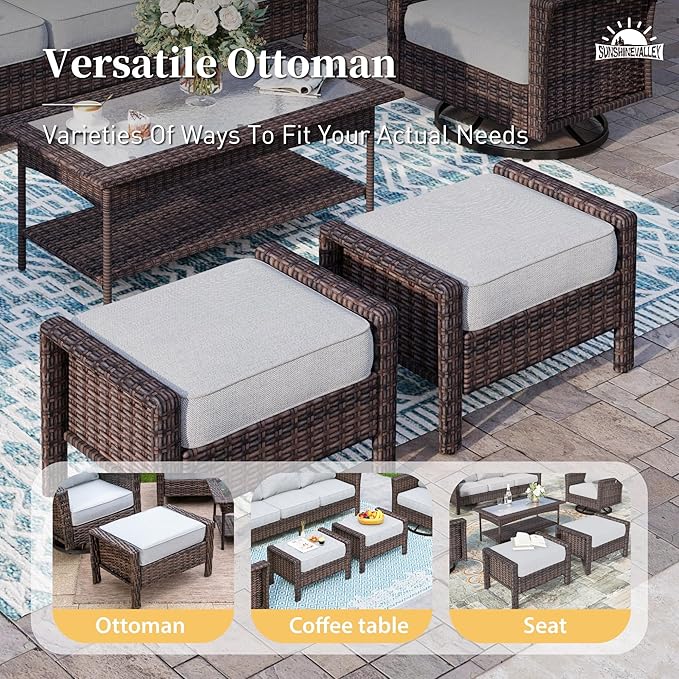 6 Piece Patio Furniture Set with Swivel Chairs, High Back Wicker Rattan Sofa with Extra Thick Cushion, Coffee Table and Ottoman, Outdoor Conversation Set for Backyard Deck, Grey