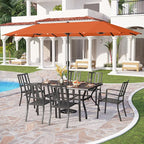 PHI VILLA 7 Piece Patio Dining Set with Umbrella, 60” Rectangular Metal Dining Table & 6 Stackable Metal Chairs & 13ft Large Red Umbrella for Outdoor, Deck, Yard, Porch