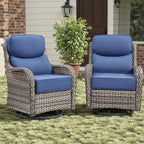 Rilyson Outdoor Patio Swivel Rocker Chairs Set of 2, Waterproof Wicker, High Back, Deep Seating, Wide Armrest, Upgraded 6 inch Thick Cushions, Ideal for Deck Porch Backyard, Mixed Grey/Blue
