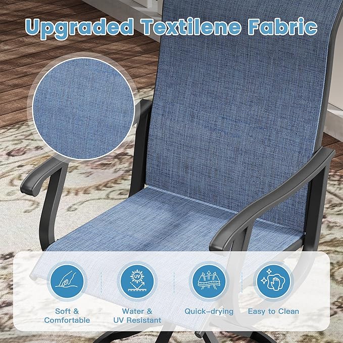DIFY 5 Pieces Outdoor Patio Dining Set, 4 Blue Textilene Swivel Dining Chairs and 40.6" Black Round Dining Table, Metal Outdoor Table and Chairs