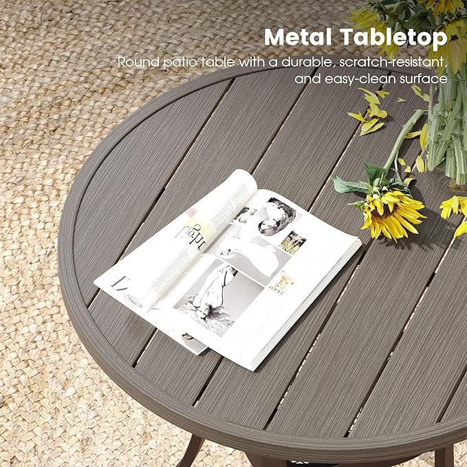 DIFY 3 Pieces Outdoor Patio Bistro Dining Set, 2 Sandshell Textilene Swivel Dining Chairs and 27.6" Grey Wood-Like Small Round Dining Table, Outdoor Table and Chairs