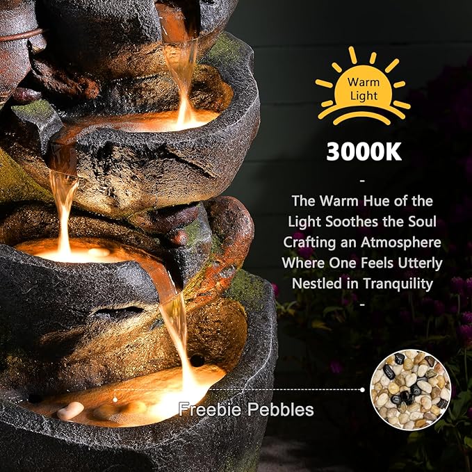 5-Tiers Cascading Rock Jar Water Fountain Outdoor, 31.7" H Outside Fountains and Waterfalls with 4 LED Lights for Patio, Deck, Porch, Backyard and Home Art Docor